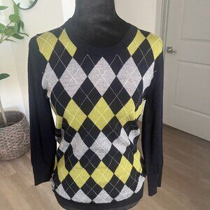 J CREW 100% Merino Wool Argyle Crew Neck Sweater Academia Preppy Schoolgirl Sz M